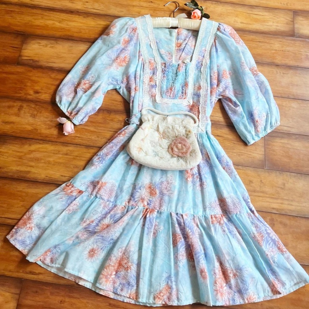 Dreamy VTG 1970s gunne sax style blue mini prairie dress 🪷🩵